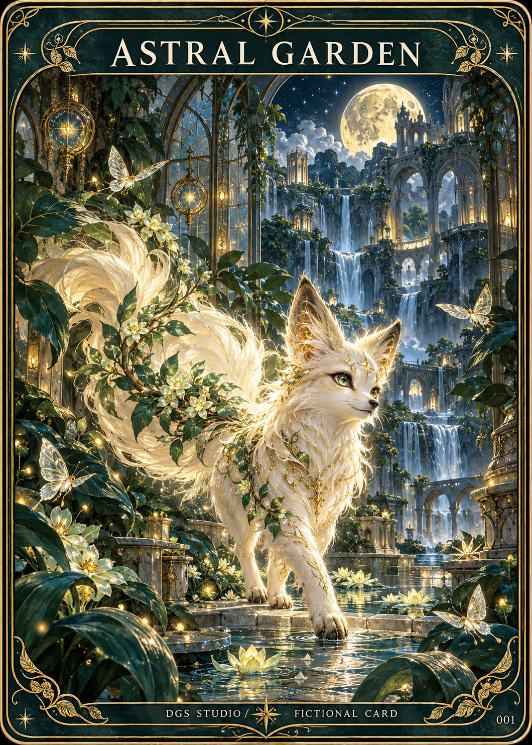 Astral Garden, an original fictional fantasy card featuring a luminous fox in a moonlit botanical garden