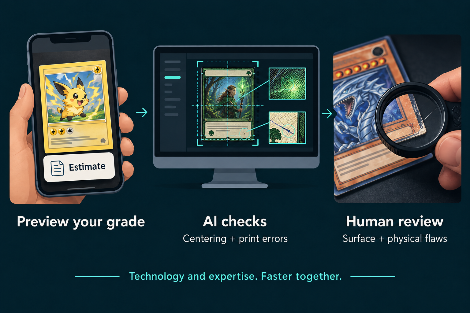 Illustrated creature, fantasy and monster trading cards moving through grade preview, AI checks and human review