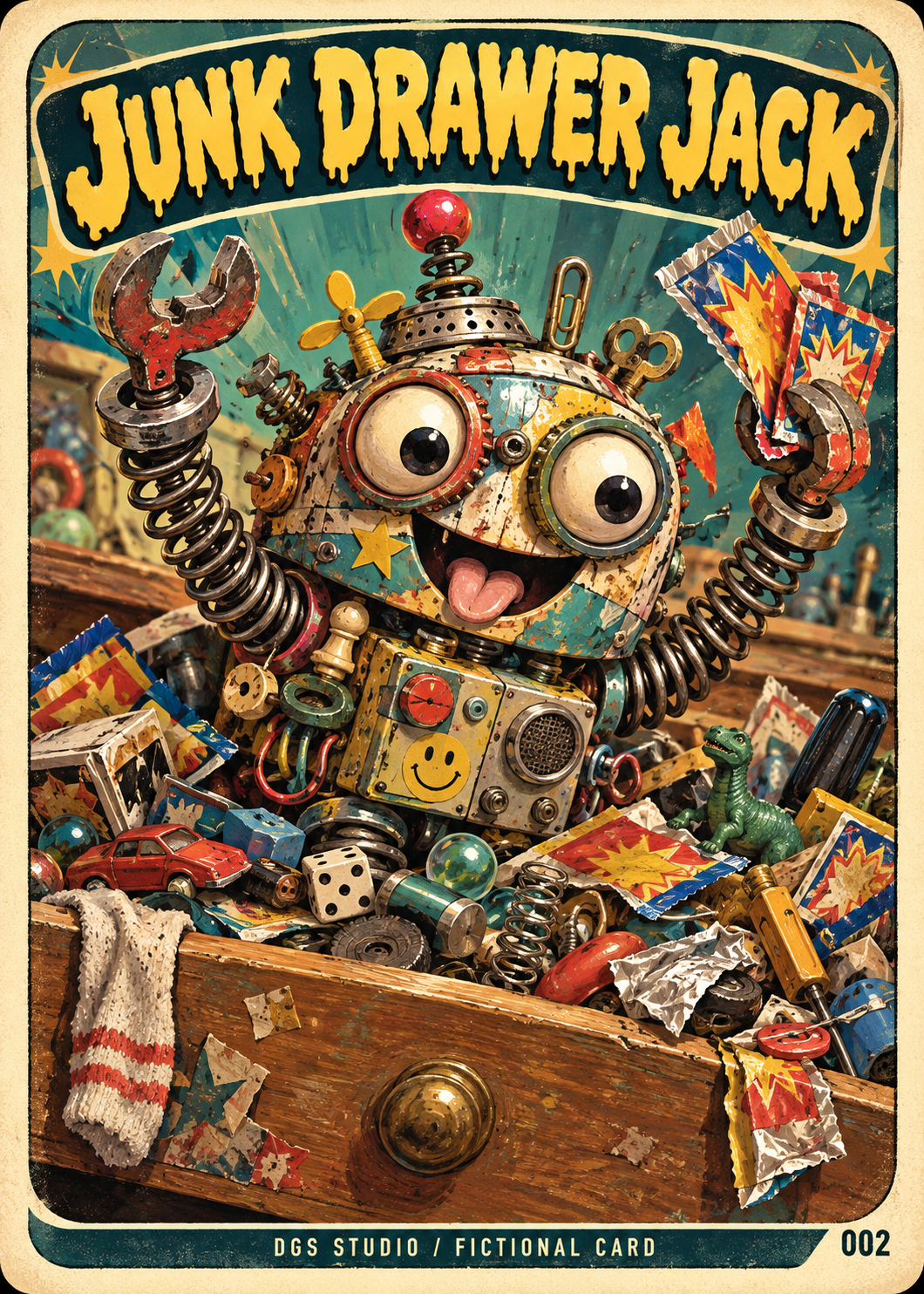 Junk Drawer Jack, a fictional robot collectible card with illustrative annotation marks