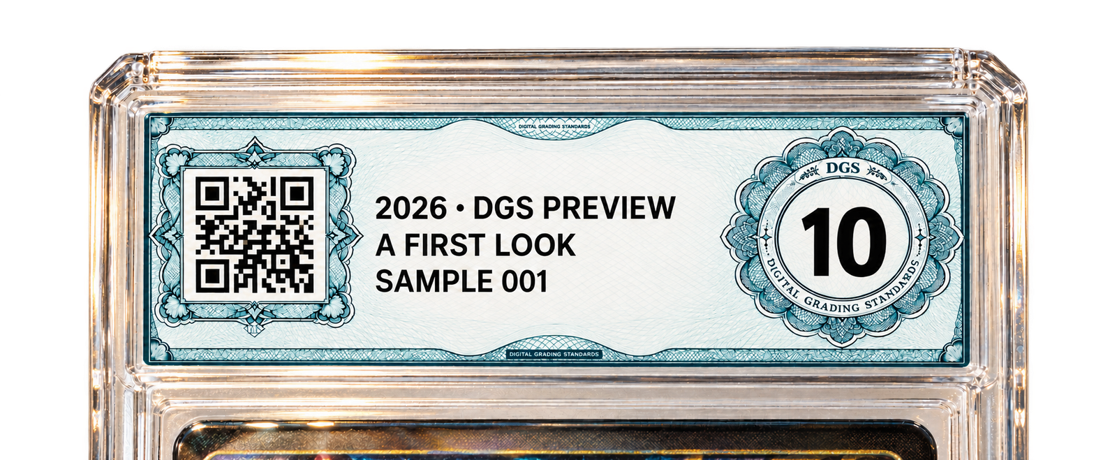 A preview of the DGS grading label in a clear card slab